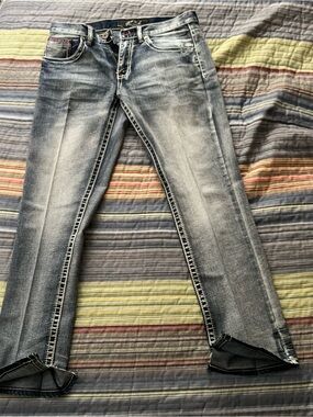 True Luck Jeans Men's 32x32 Straight Thick Stitch Distressed Faded Blue Denim